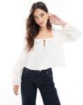 [ASOS DESIGN] ASOS DESIGN poplin bow tie front blouse in ecru-White M Ecru