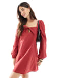 [ASOS DESIGN] ASOS DESIGN poplin bow tie front mini dress in wine red S Wine Red