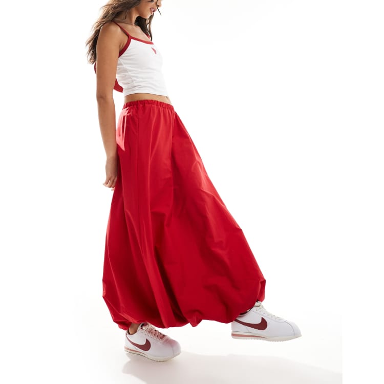 ASOS DESIGN poplin bubble hem maxi skirt in red | ASOS