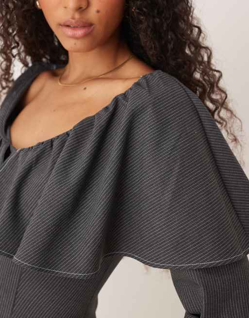 ASOS DESIGN poplin button down mini dress with ruffle neckline in gray pinstripes, 3 of 4