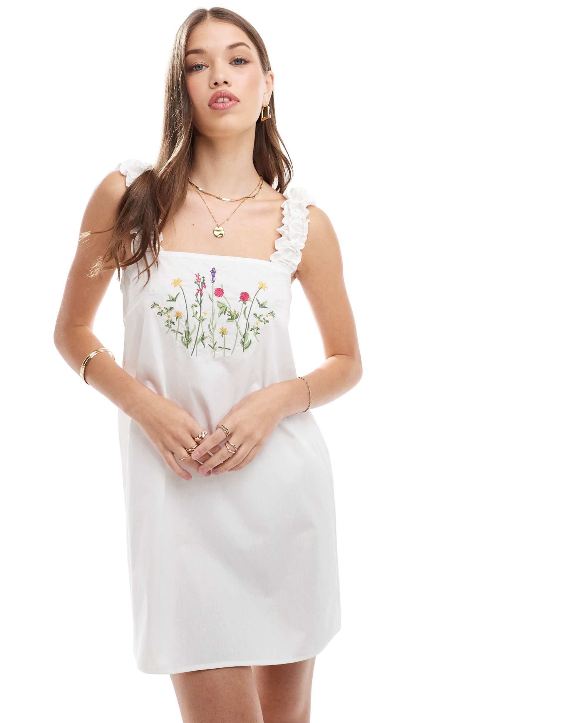 asos design poplin cap sleeve dress with embroidery in white