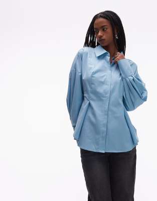 Asos Design Poplin Cinch Back Buckle Detail Shirt In Blue