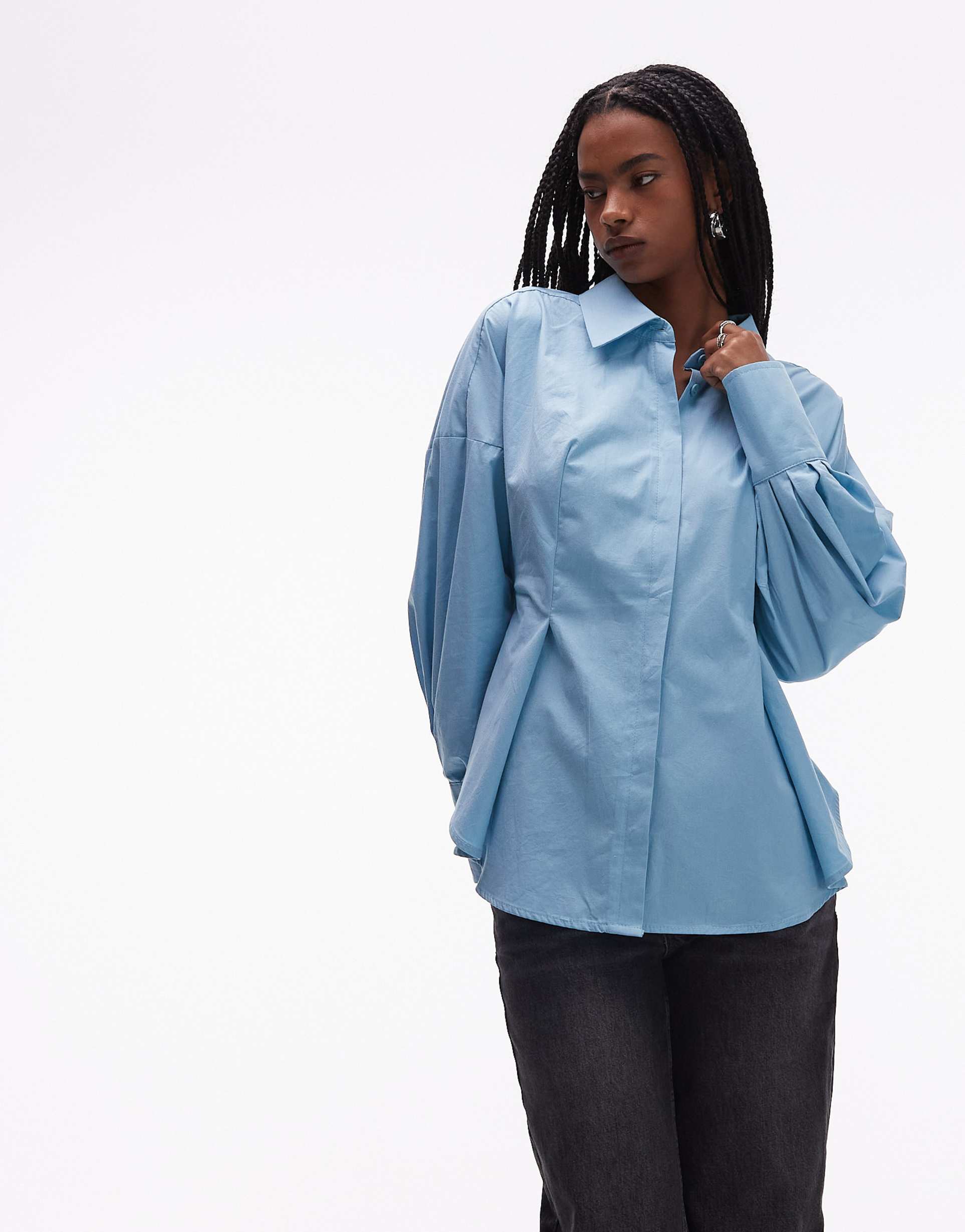 asos design poplin cinch back buckle detail shirt in blue