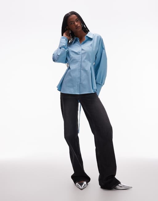 ASOS DESIGN poplin cinch back buckle detail shirt in blue