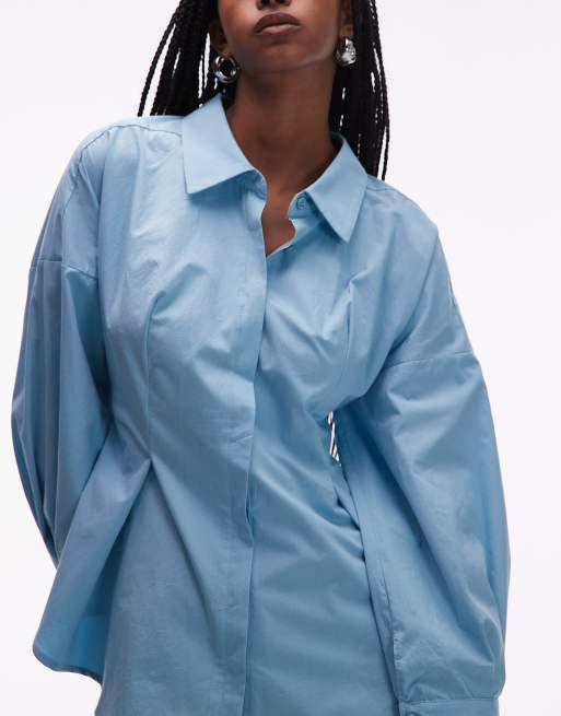 ASOS DESIGN poplin cinch back buckle detail shirt in blue