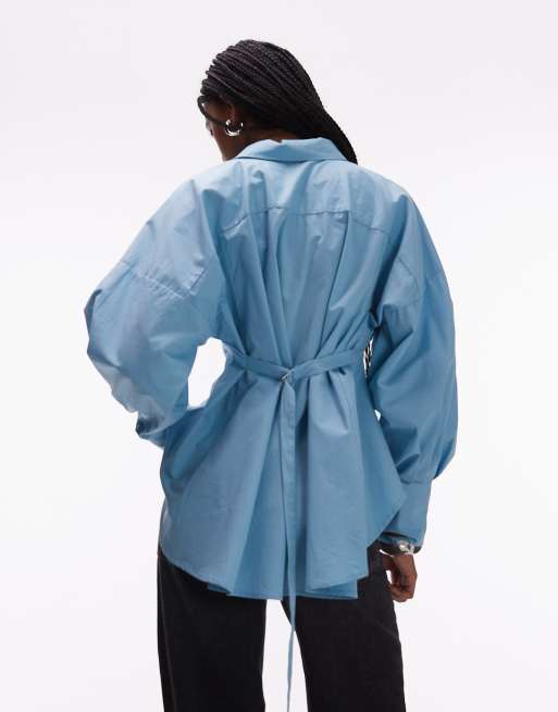 ASOS DESIGN poplin cinch back buckle detail shirt in blue