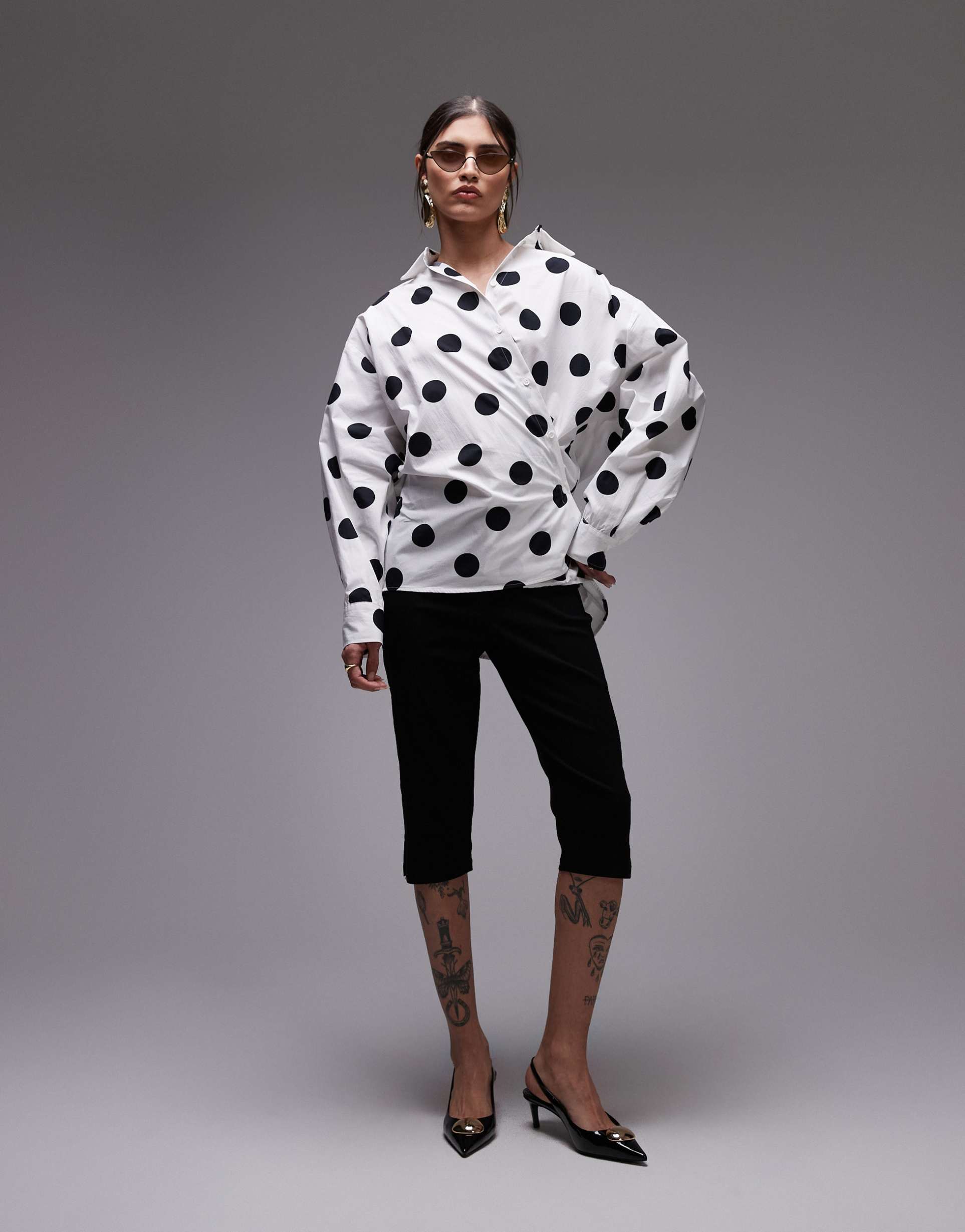 asos design poplin cinch detail wrap shirt in polka dot print