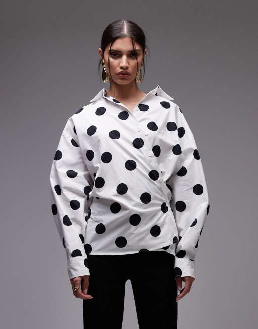 ASOS DESIGN poplin cinch detail wrap shirt in polka dot print