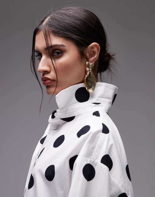 ASOS DESIGN poplin cinch detail wrap shirt in polka dot print