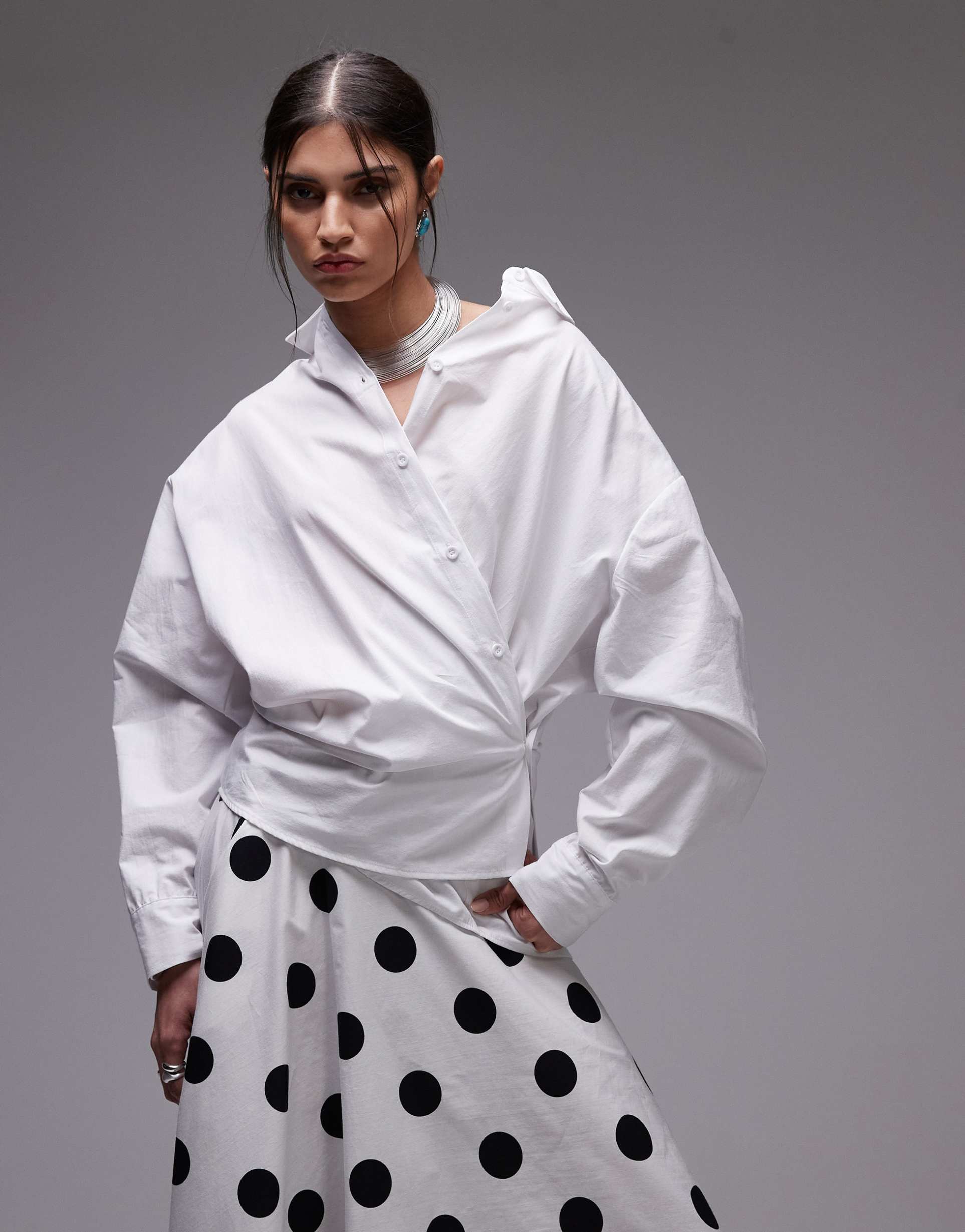 asos design poplin cinch detail wrap shirt in white