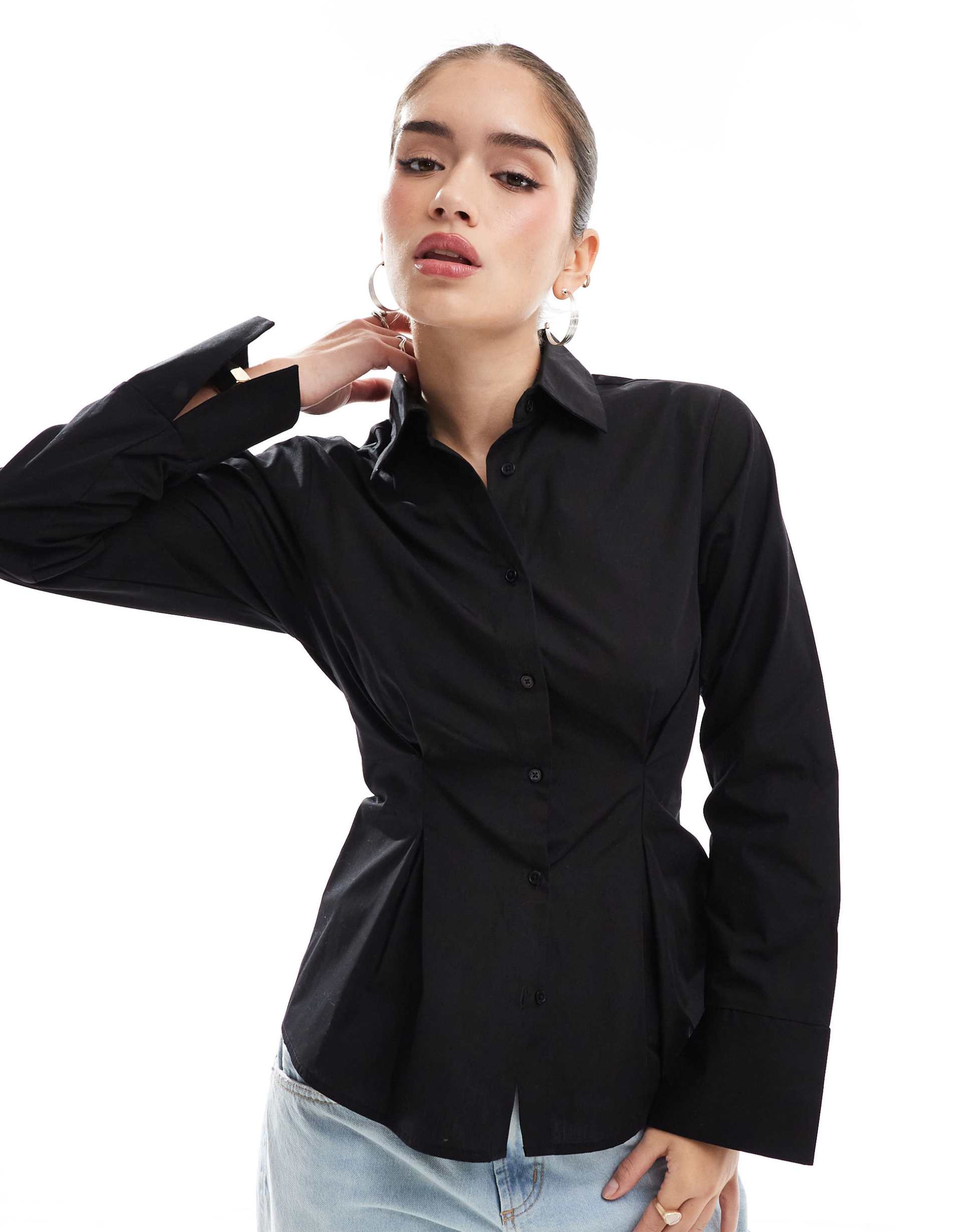 asos design poplin cinch waist shirt in black
