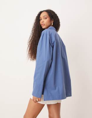 Asos Design Poplin Collared Patch Pocket Shirt-blue In Blue