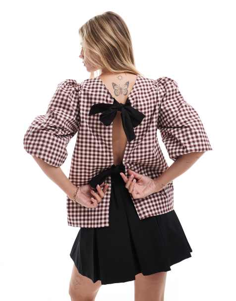 ASOS DESIGN poplin contrast bow back top in brown gingham - view 1