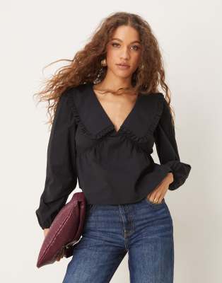 Asos Design Poplin Contrast Collar Blouse In Black