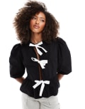[ASOS DESIGN] ASOS DESIGN poplin contrast tie front blouse in black XS Black