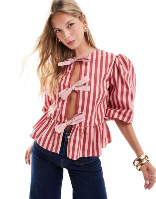 Asos Design Poplin Contrast Tie Front Blouse In Pink Stripe-multi