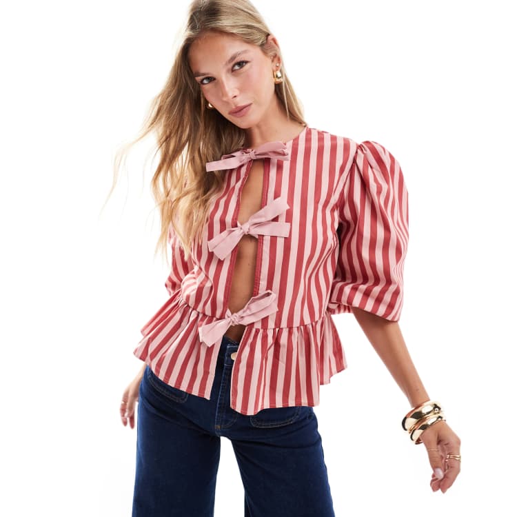 ASOS DESIGN poplin contrast tie front blouse in pink stripe