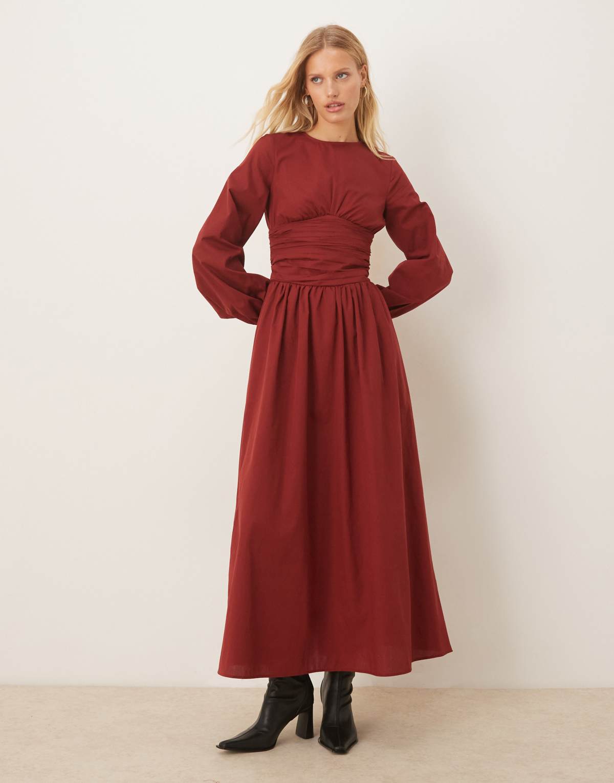 ASOS DESIGN poplin crew neck maxi dress with ruched waist and volume sleeve in burgundy