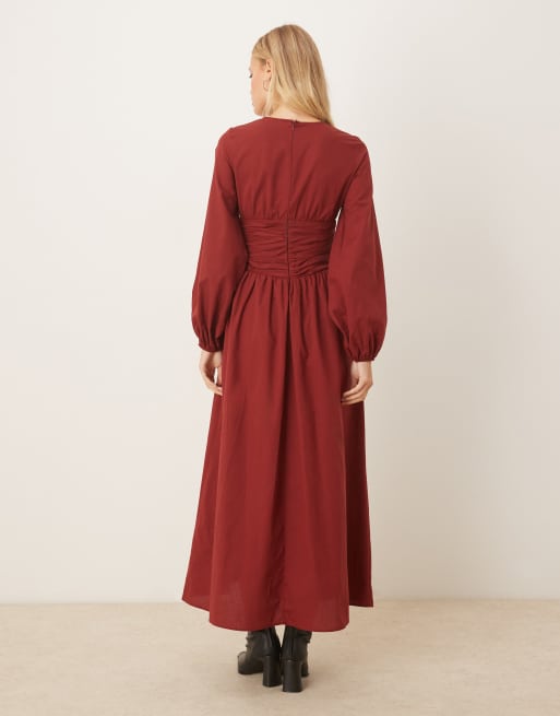 ASOS DESIGN poplin crew neck maxi dress with ruched waist and volume sleeves in burgundy