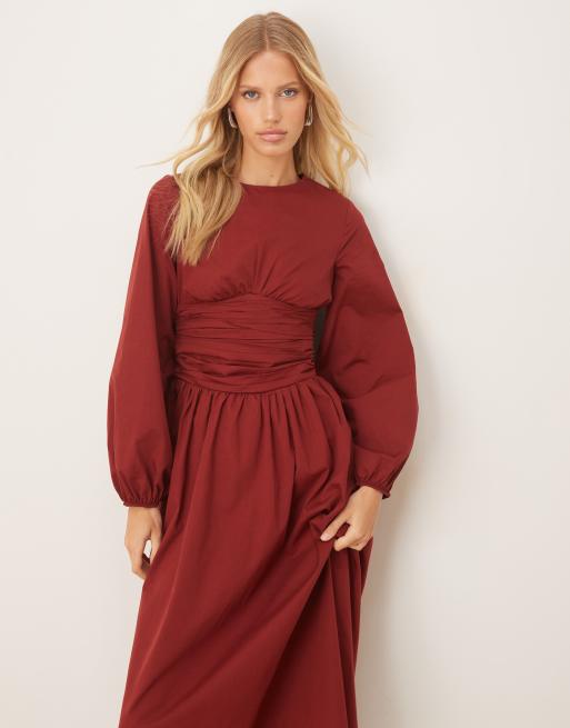 ASOS DESIGN poplin crew neck maxi dress with ruched waist and volume sleeves in burgundy