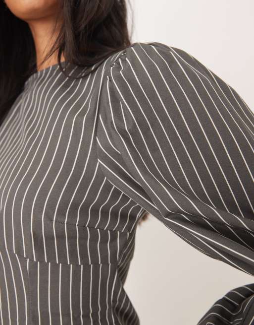 ASOS DESIGN poplin crew neck sculpted mini dress with volume sleeves in gray pinstripes, 3 of 4