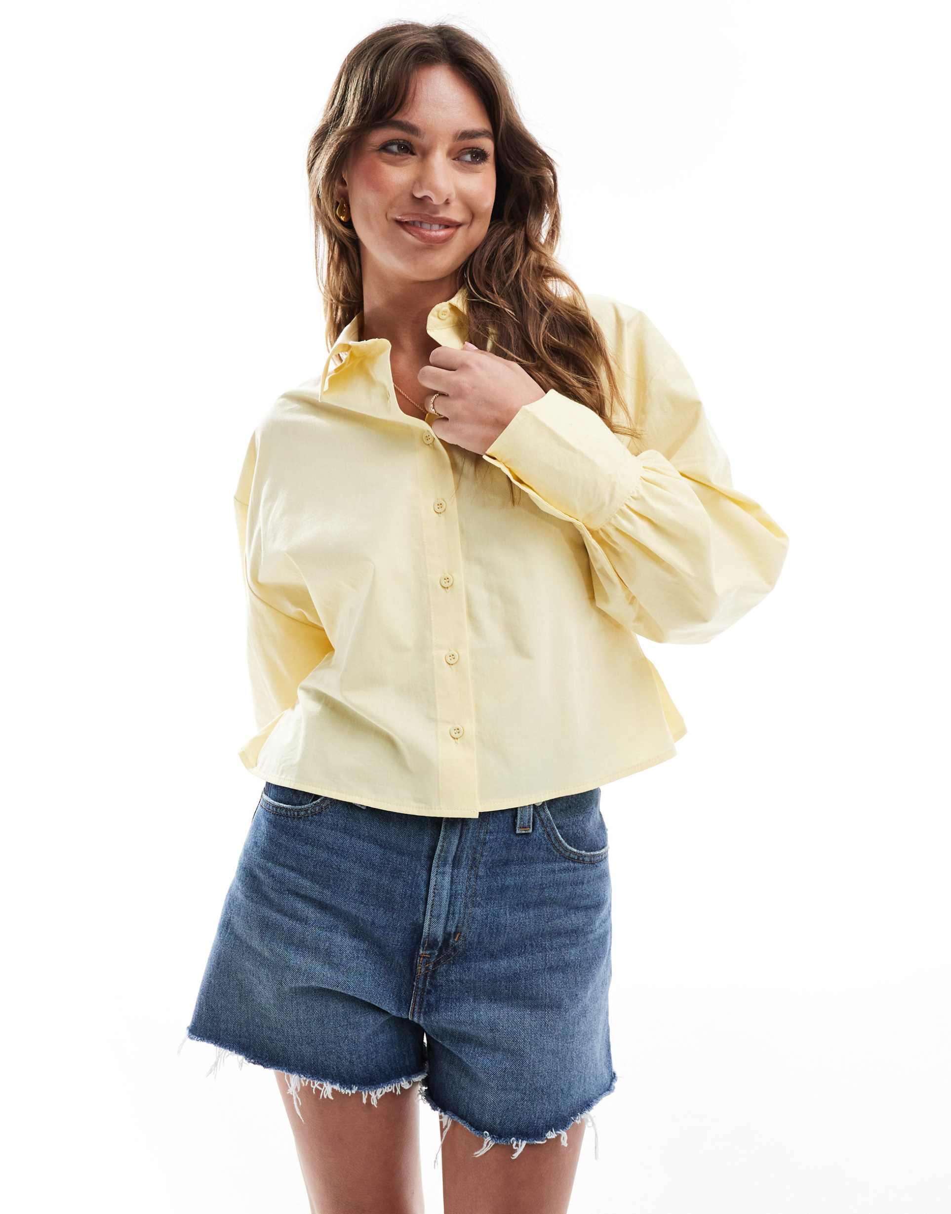 asos design poplin crop cinch waist shirt in buttermilk