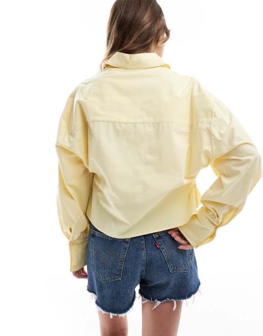 ASOS DESIGN poplin crop cinch waist shirt in buttermilk