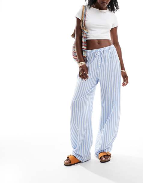 ASOS DESIGN poplin drawstring waist barrel leg trouser in blue stripe - view 1