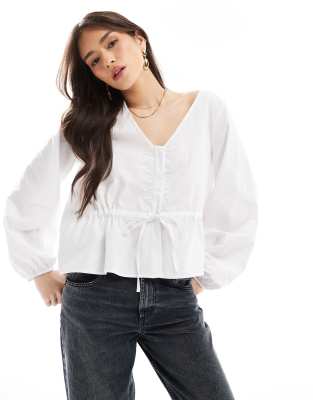 Asos Design Poplin Drawstring Waist Cocoon Sleeve Blouse In White