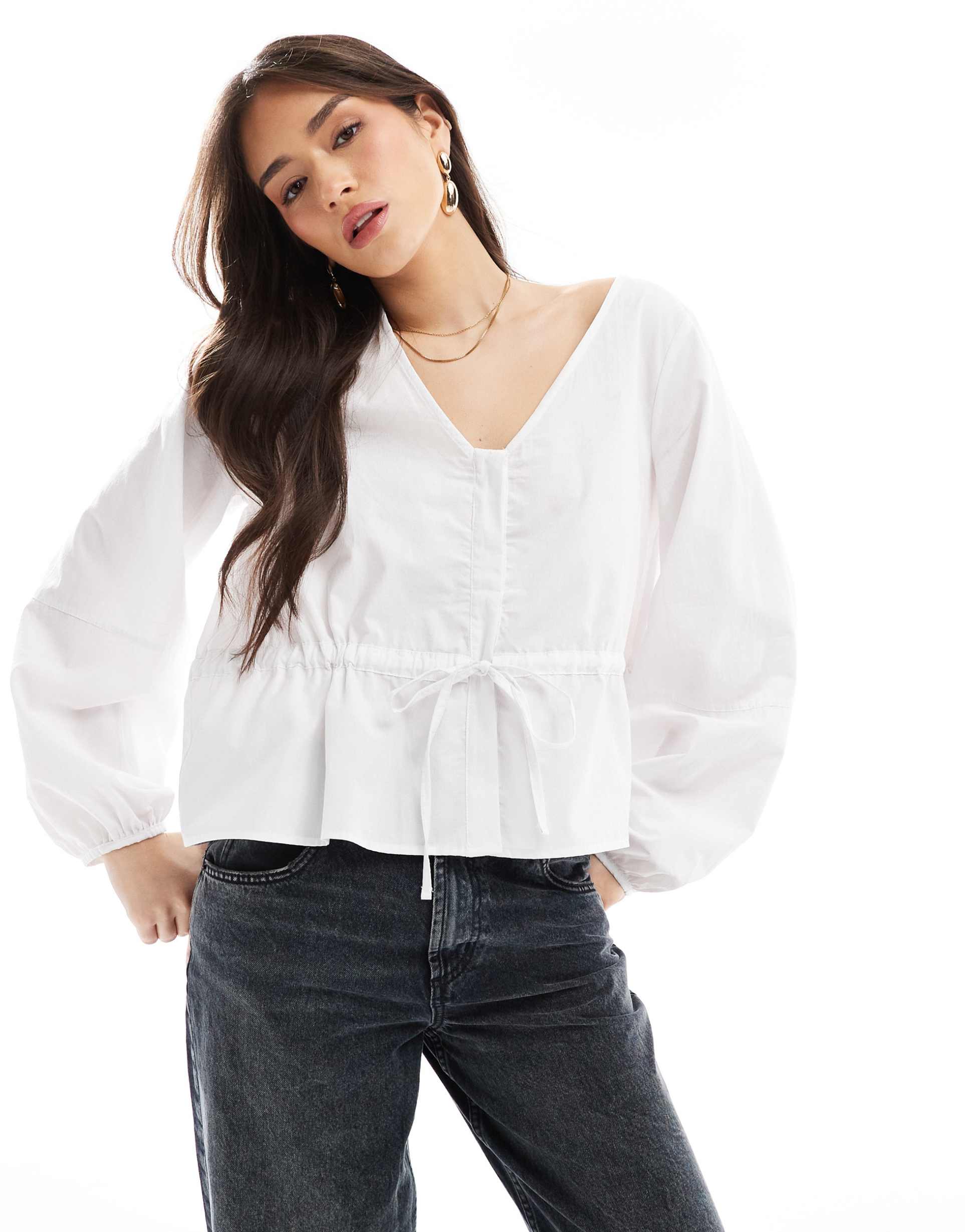 asos design poplin drawstring waist cocoon sleeve blouse in white