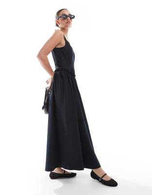 Asos Design Poplin Drop Waist Corset Maxi Dress In Black