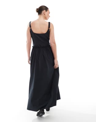 Asos Design Poplin Drop Waist Corset Maxi Dress In Black