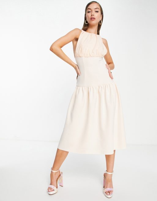 ASOS DESIGN poplin drop waist skater midi dress in peach