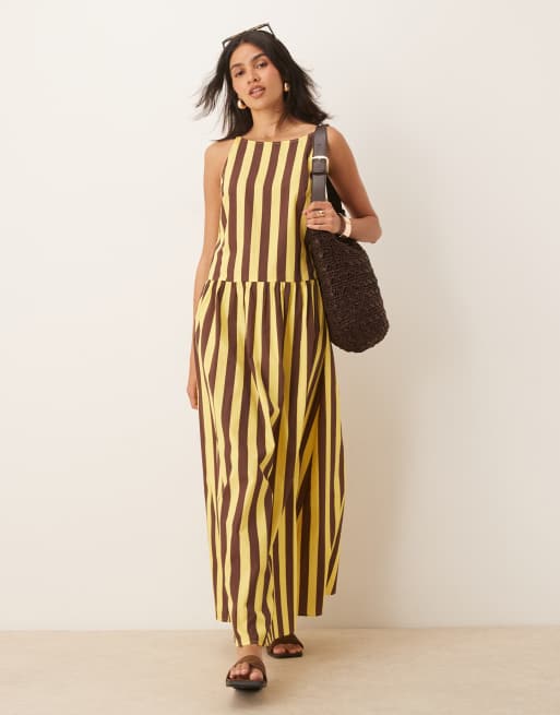 ASOS DESIGN poplin dropped waist racer neck maxi dress in yellow stripes