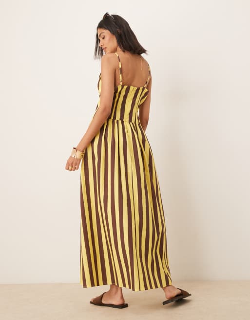 ASOS DESIGN poplin dropped waist racer neck maxi dress in yellow stripes