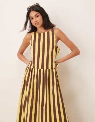 ASOS DESIGN poplin dropped waist racer neck maxi dress in yellow stripes-Multi