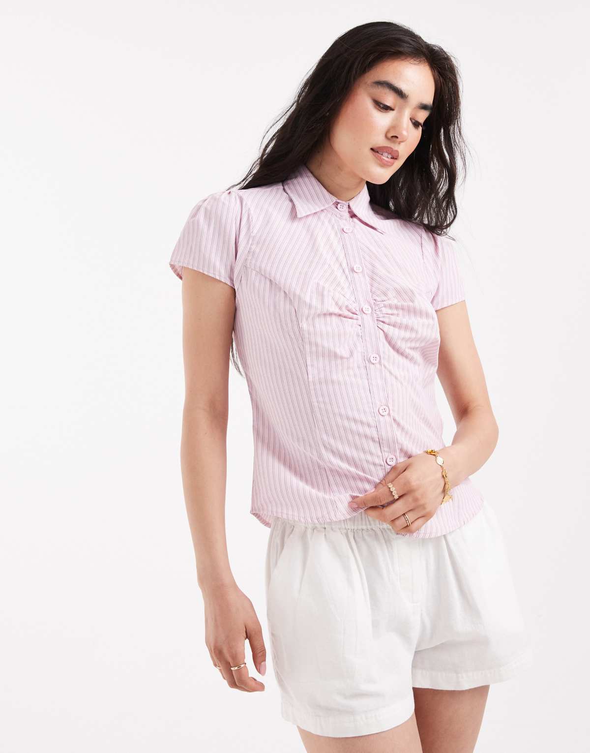 ASOS DESIGN poplin fitted cap sleeve shirt in pink stripe
