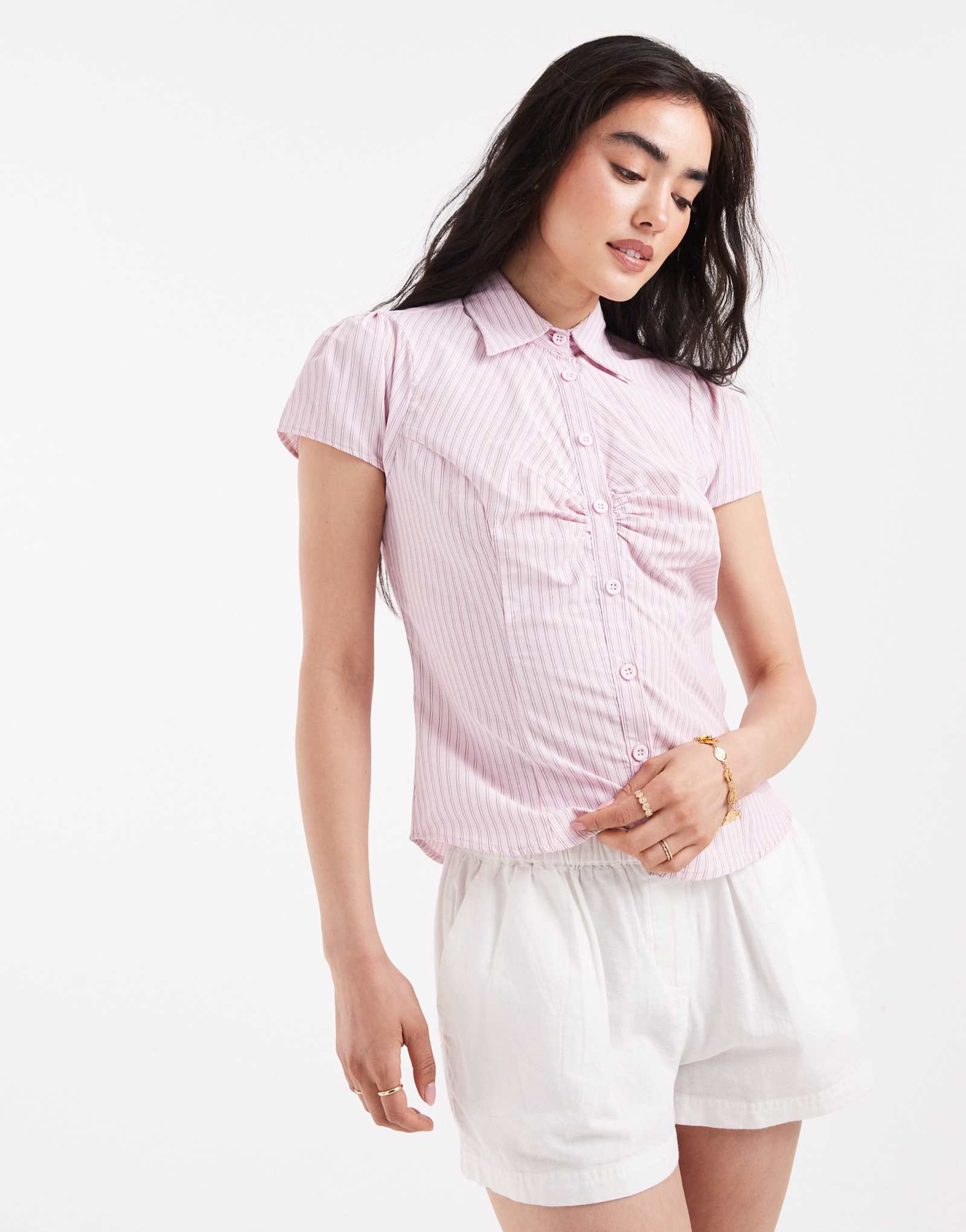ДИЗАЙНЕРСКАЯ приталенная рубашка из поплина ASOS с коротким рукавом в розовую полоску