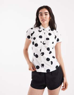 ASOS DESIGN poplin fitted cap sleeve shirt in polka dot - view 1