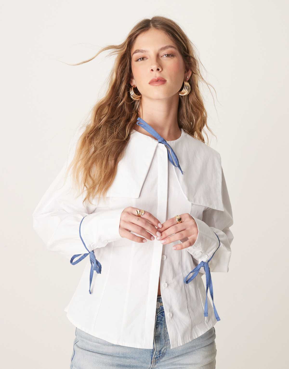 ASOS DESIGN poplin fitted sailor collar shirt with bow details in white