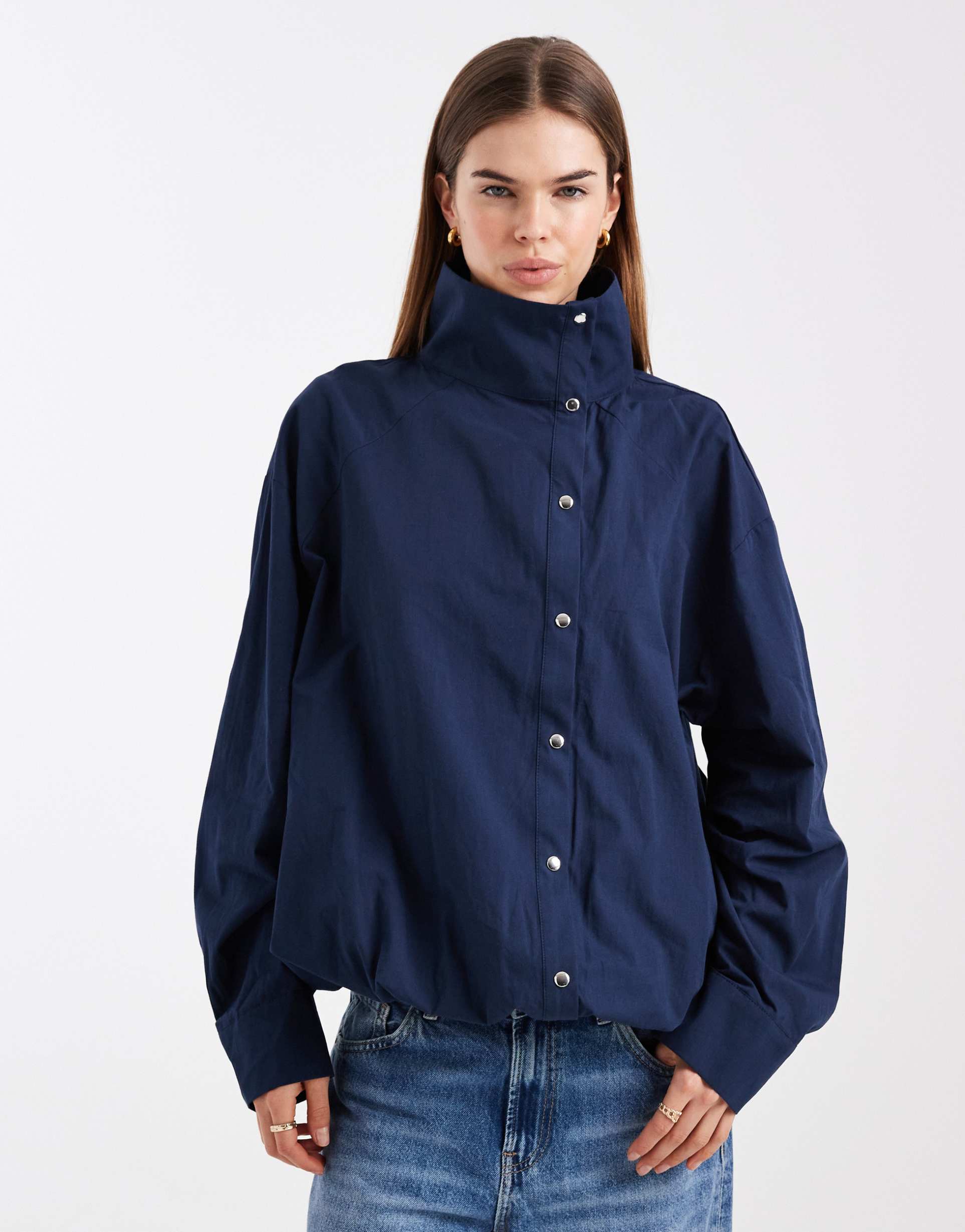 asos design poplin funnel neck shacket in navy