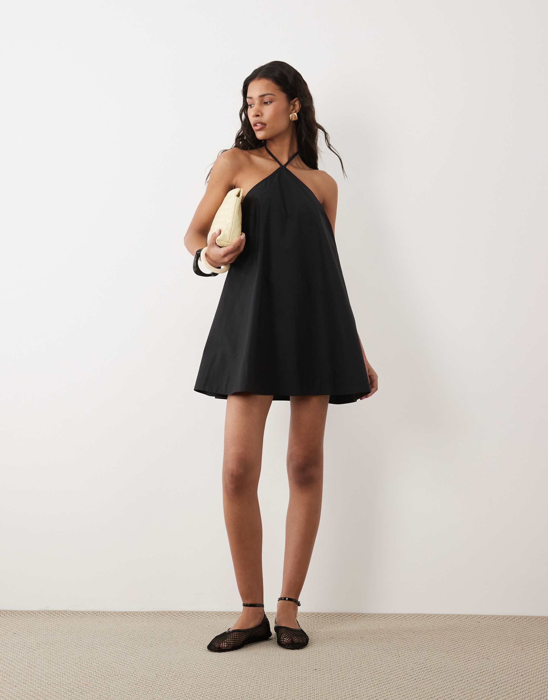 asos design poplin halter neck swing mini sundress in black