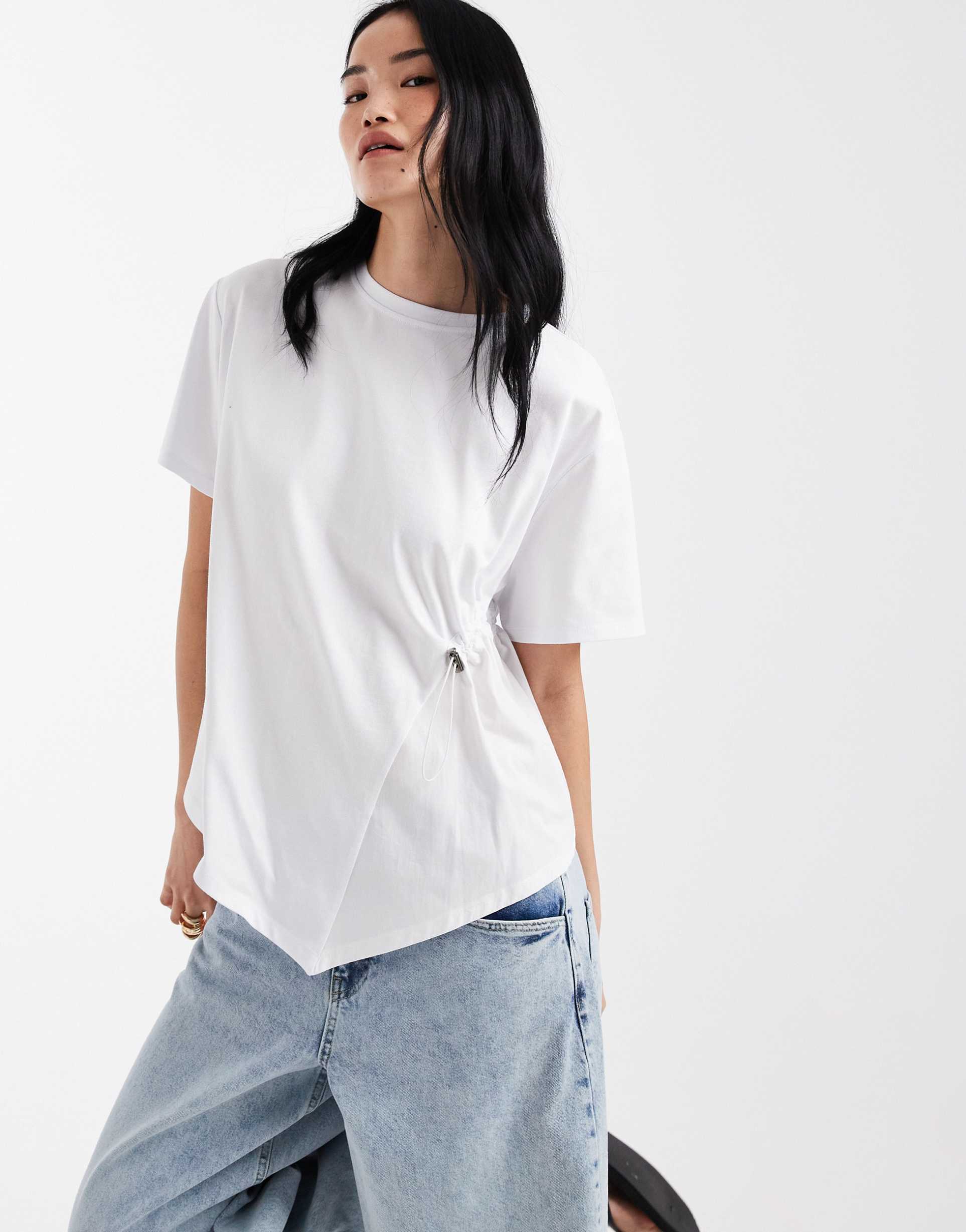 asos design poplin hybrid short sleeve top with ruched toggle detail in white