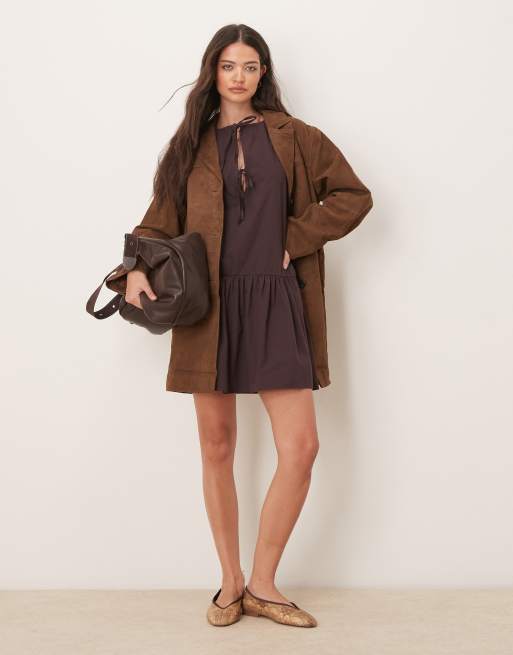ASOS DESIGN poplin keyhole detail drop waist mini dress in chocolate