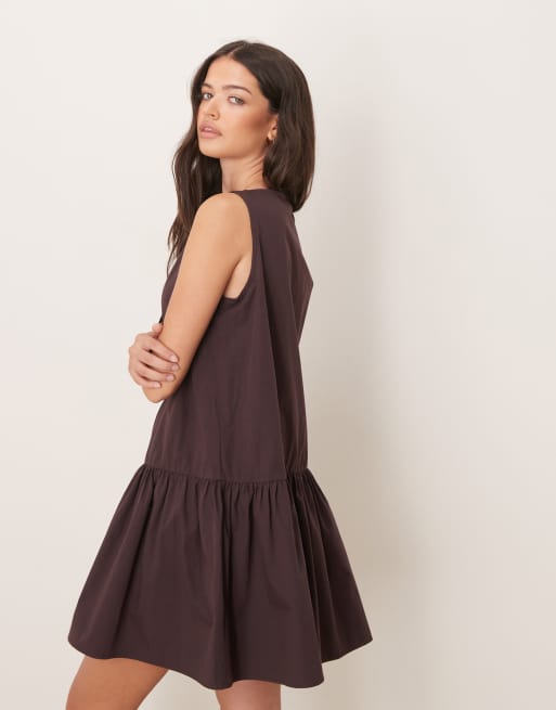 ASOS DESIGN poplin keyhole detail drop waist mini dress in chocolate