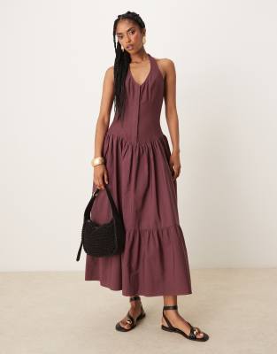 Asos Design Poplin Linen Hybrid Halter Maxi Dress