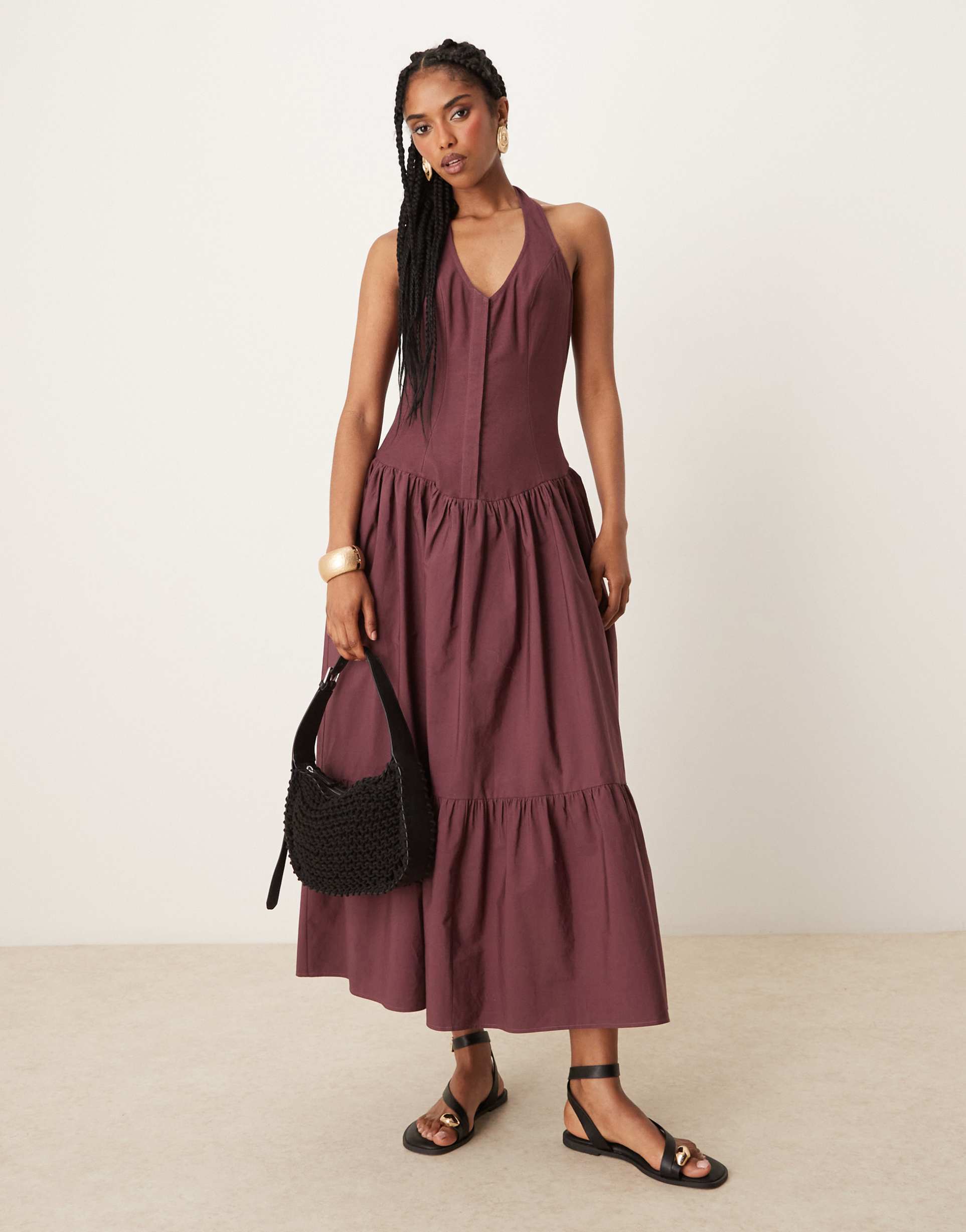 asos design poplin linen hybrid halter maxi dress in deep grape