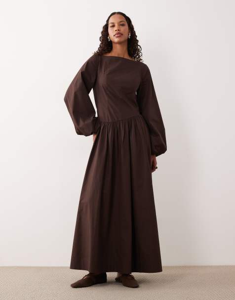 ASOS DESIGN poplin maxi dress with asymmetric waist and volume sleeve in chocolate - view 1