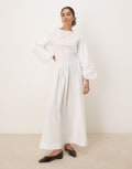 [ASOS DESIGN] ASOS DESIGN poplin maxi dress with asymmetric waist and volume sleeve in white 18 White