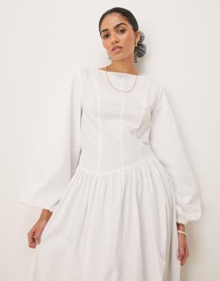 Asos Design Poplin Maxi Dress With Asymmetric Waist And Volume Sleeve In White